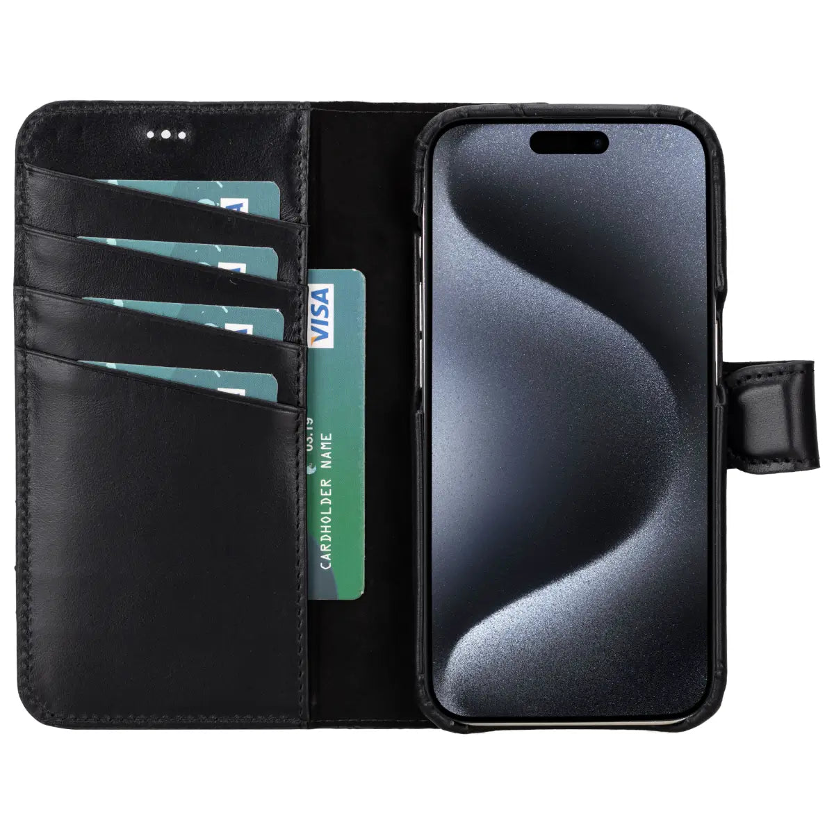 Black Leather Prestige Wallet Case for iPhone 15 Pro