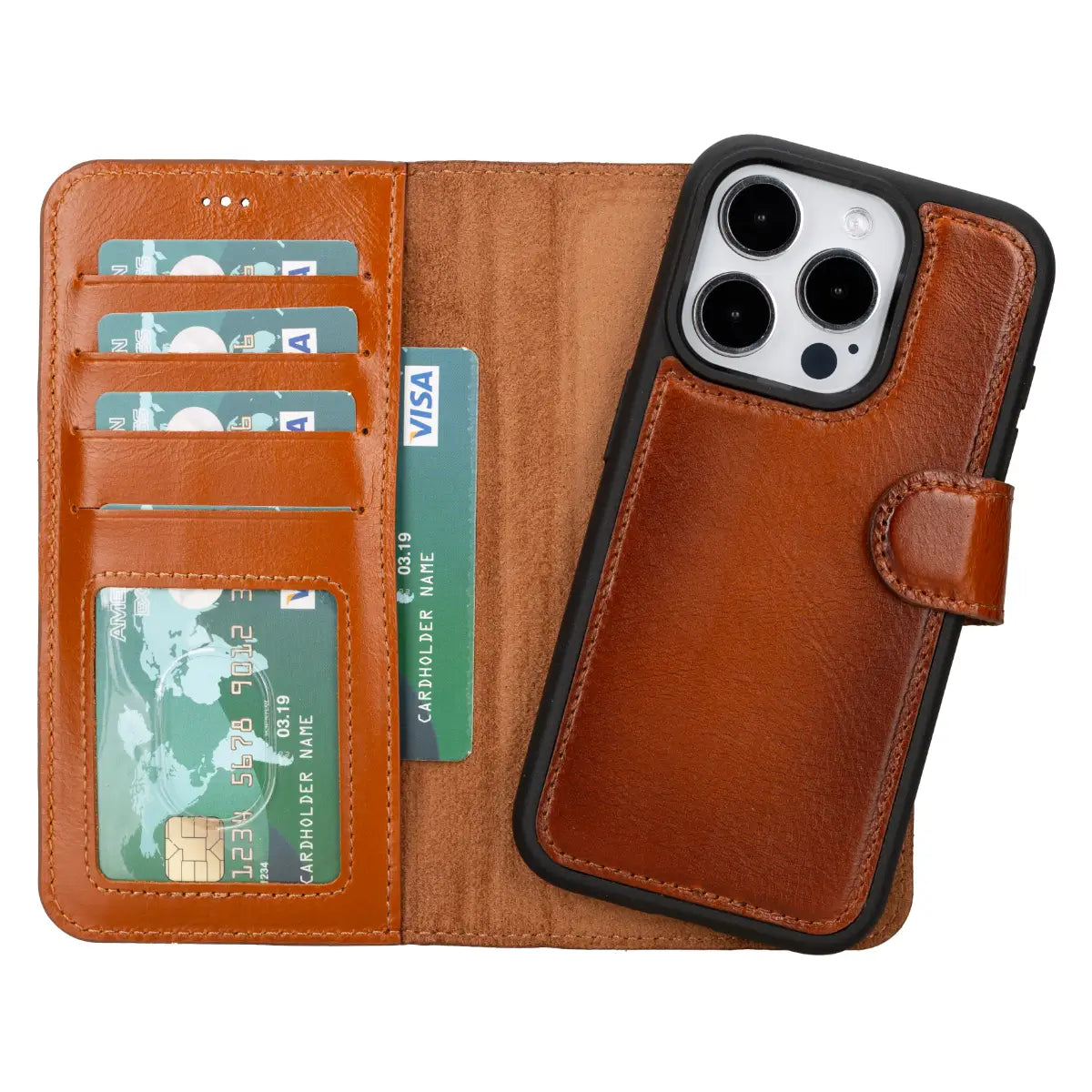 Burnished Tan Leather Wallet Case for iPhone 15 Pro