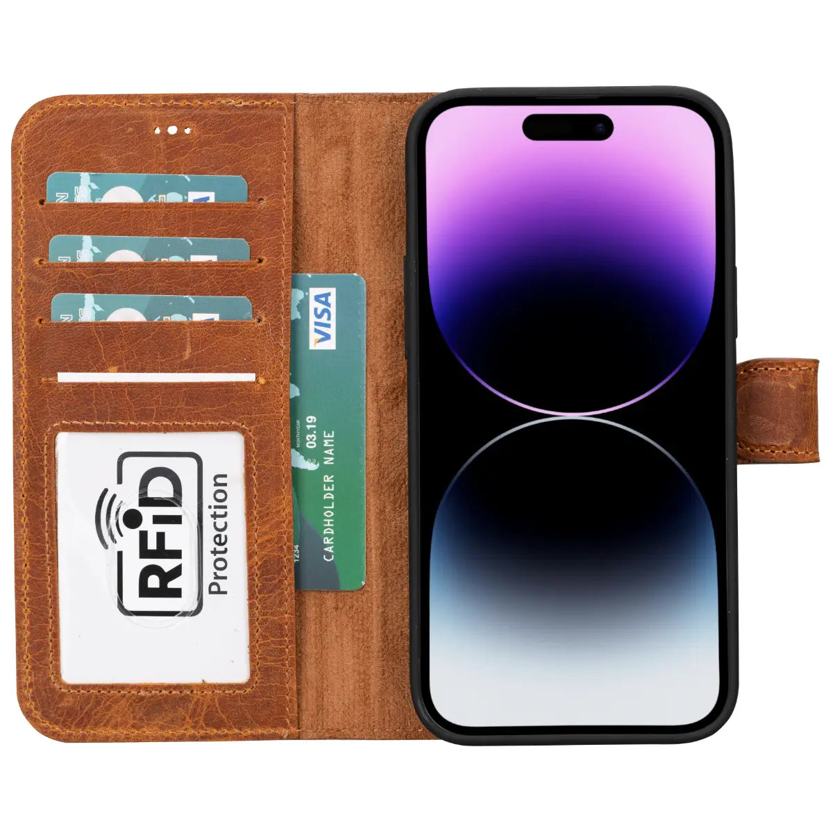 Camel Brown Leather Wallet Case for iPhone 15