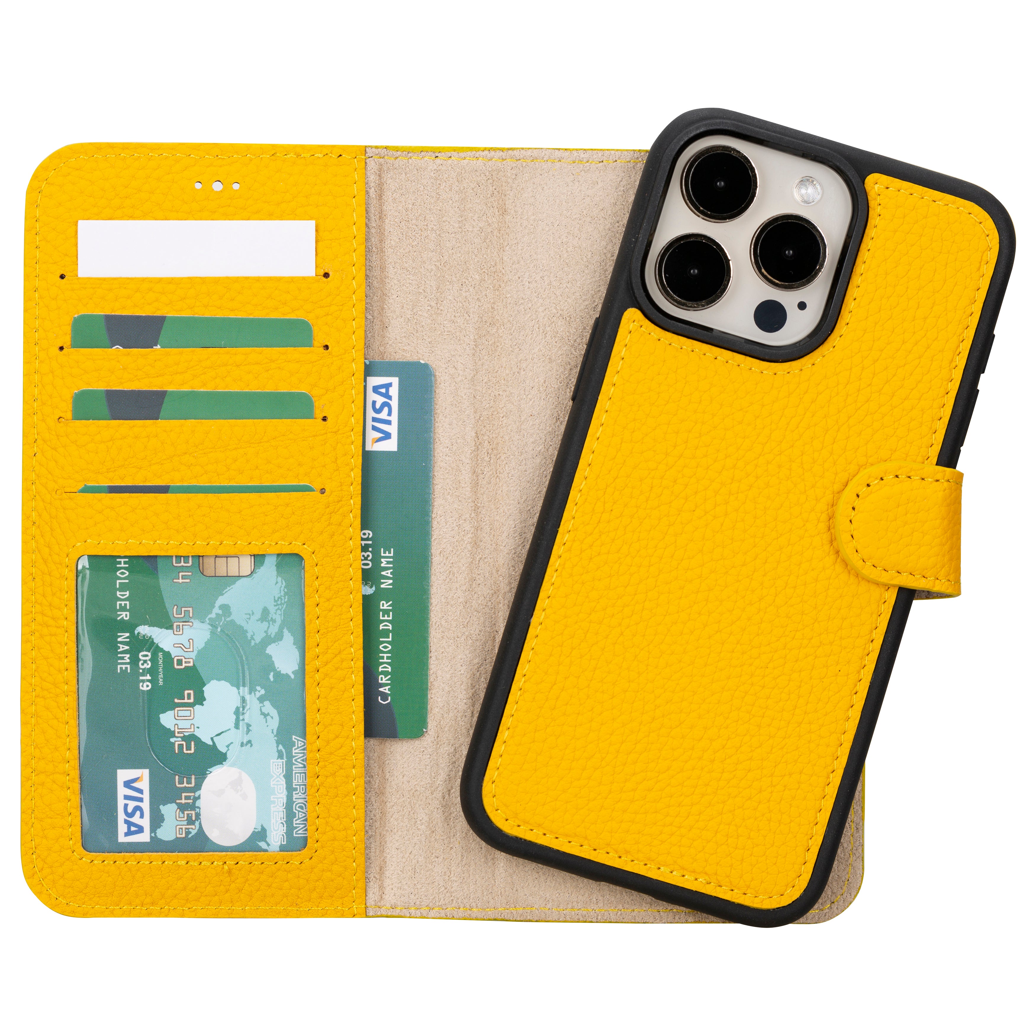 Yellow Leather Magnetic Wallet Case for iPhone 14 Pro MAX (6.7