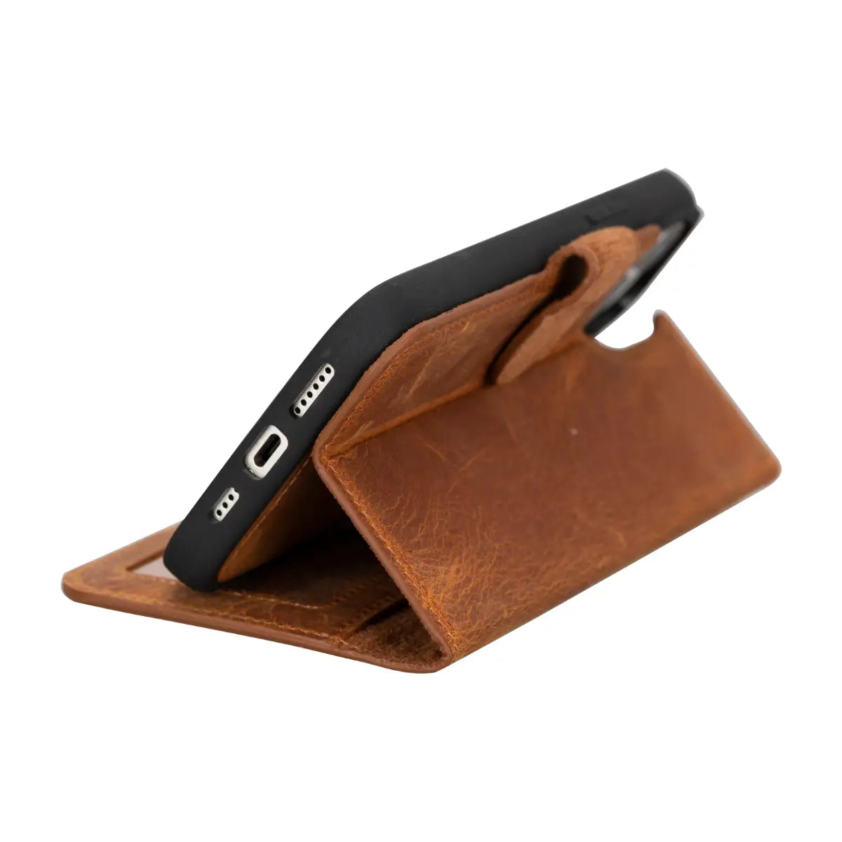 Camel Brown Leather Wallet Case for iPhone 15