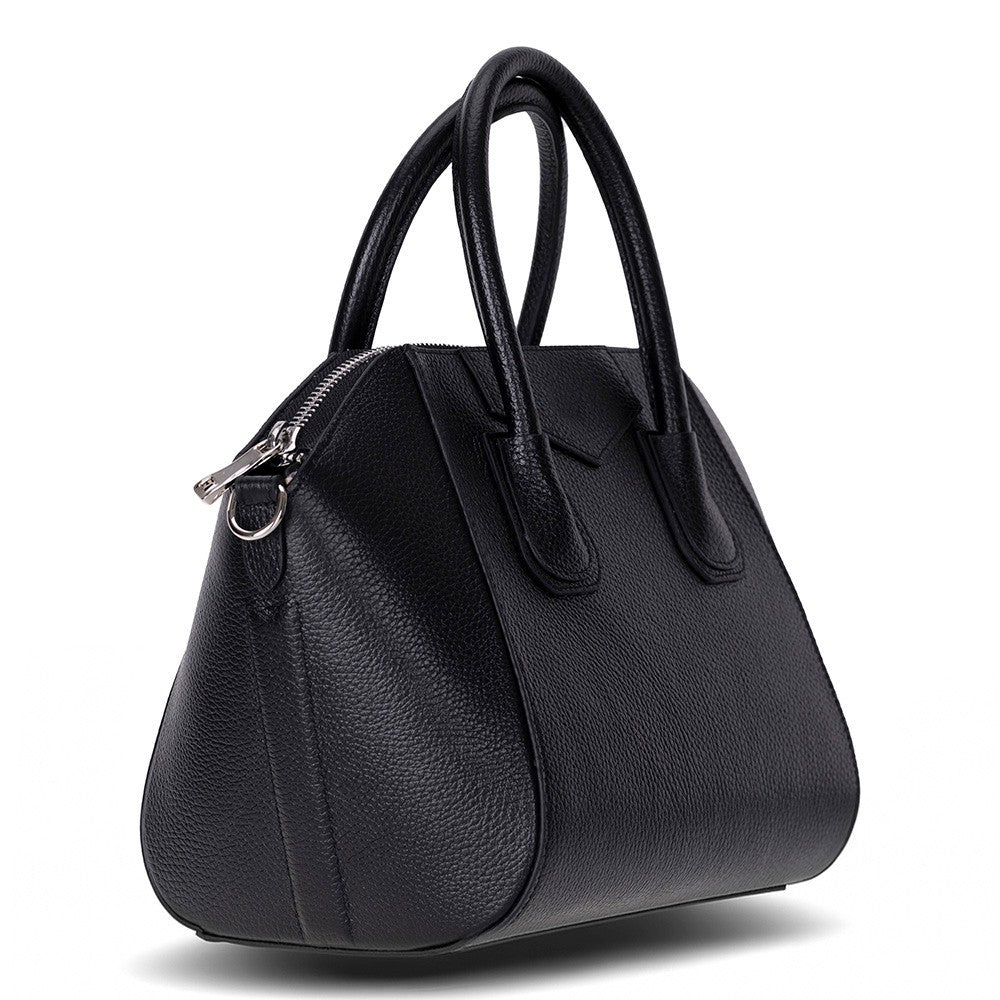 Side profile of Alessia women's black leather bag with zipper detail