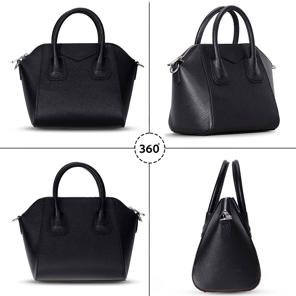 Alessia women's leather bag in black showing multiple angles