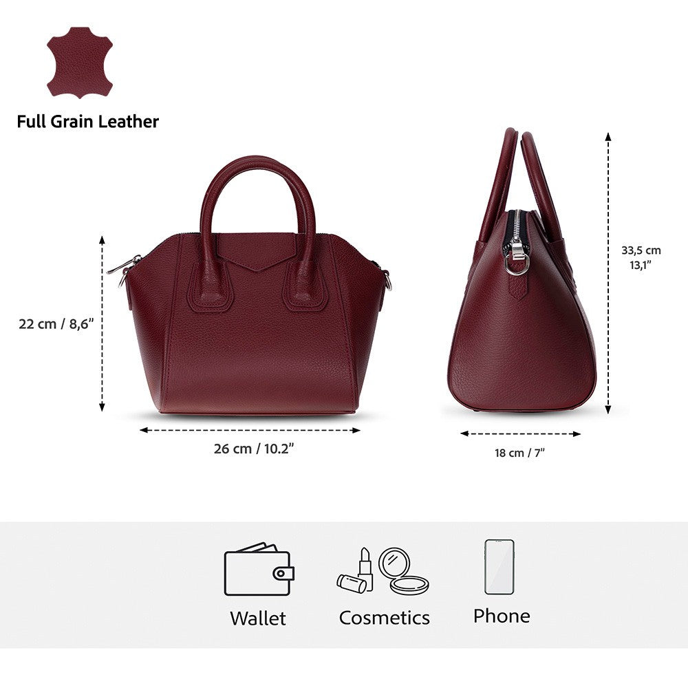 Alessia women's Bordeaux leather bag with dimensions and strap length