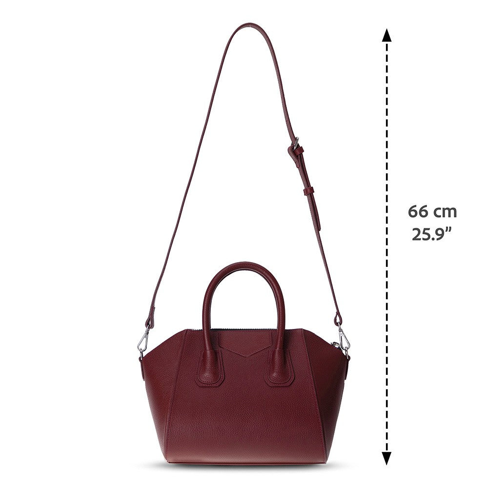 Alessia women's Bordeaux leather bag with dimensions and strap length