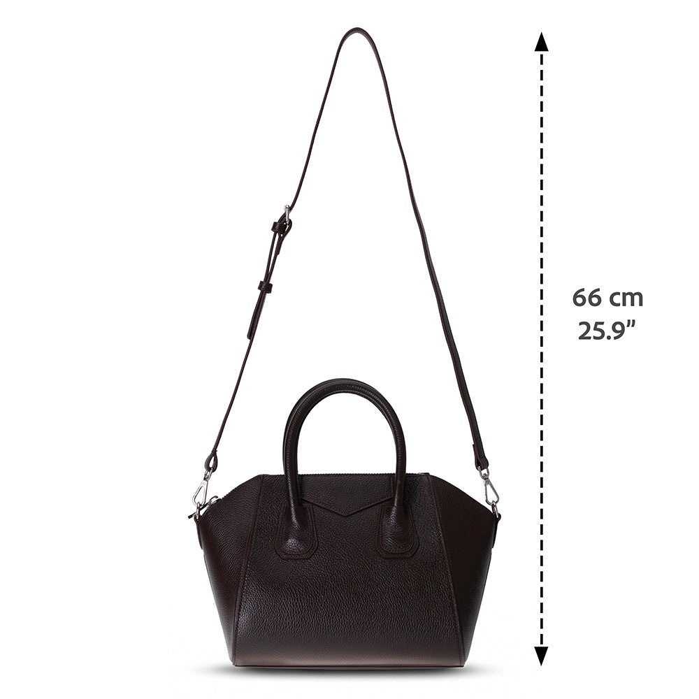 Alessia women's dark brown leather bag with dimensions and strap length