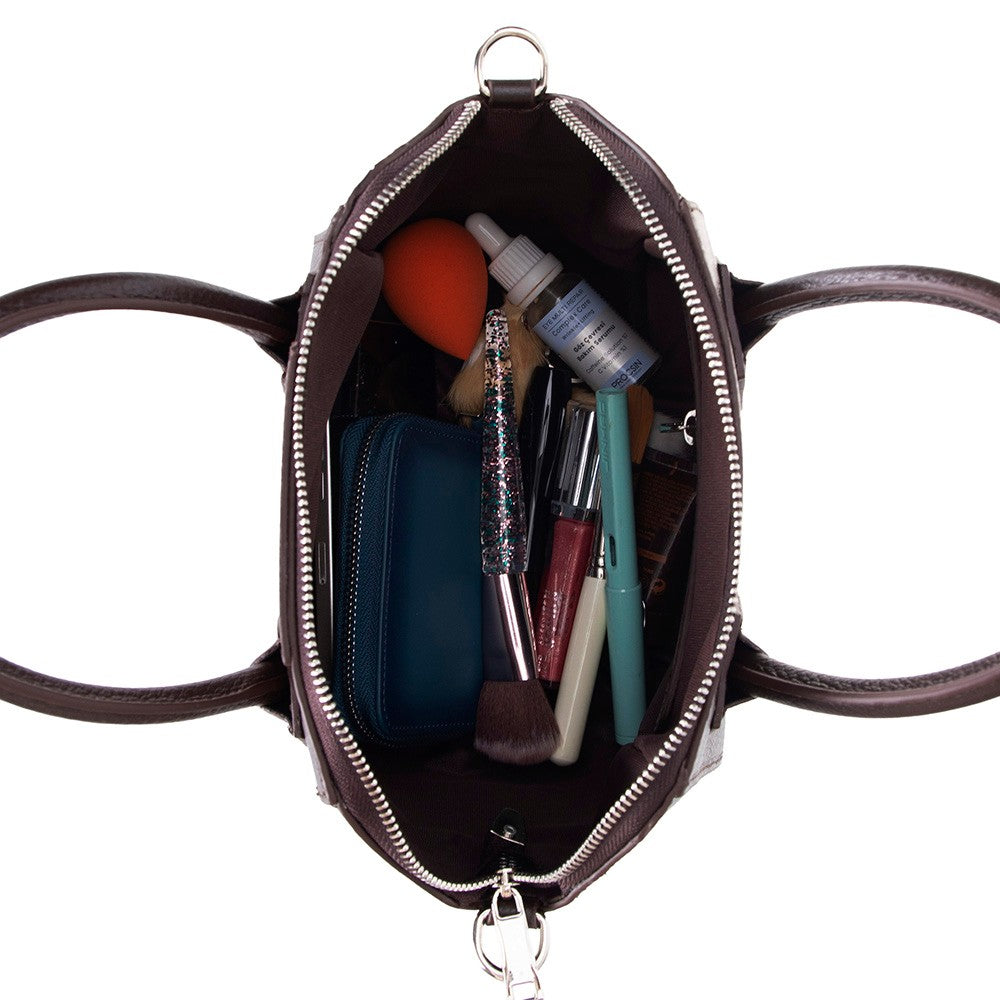 Interior view of Alessia women's dark brown leather bag with compartments