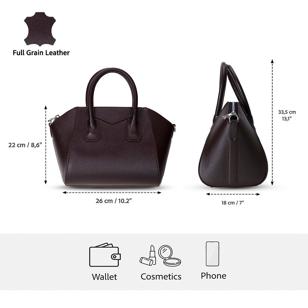 Alessia women's dark brown leather bag with dimensions and strap length