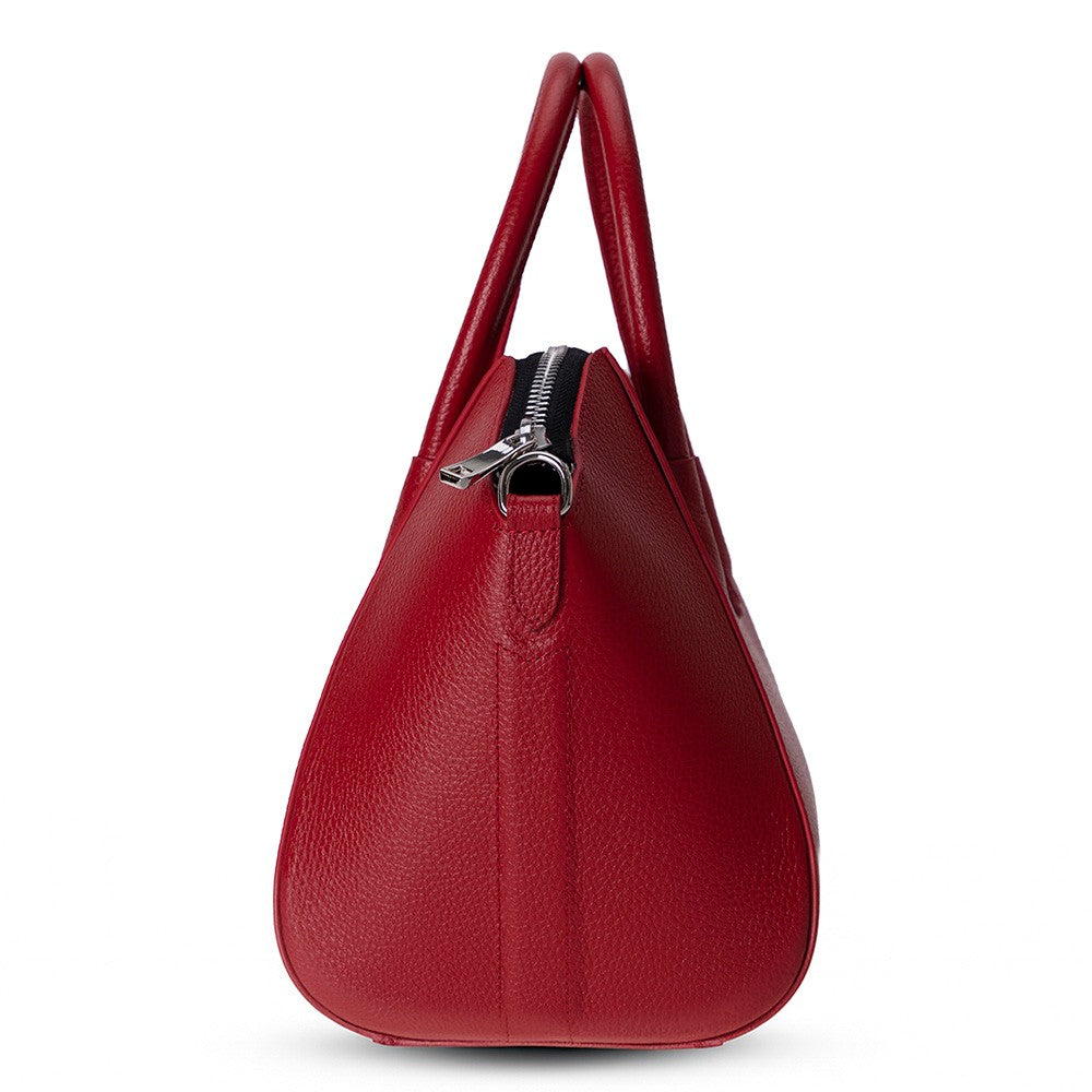 Side profile of Alessia women's red leather bag with zipper detail