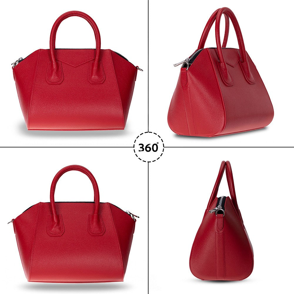 Alessia women's leather bag in red showing multiple angles