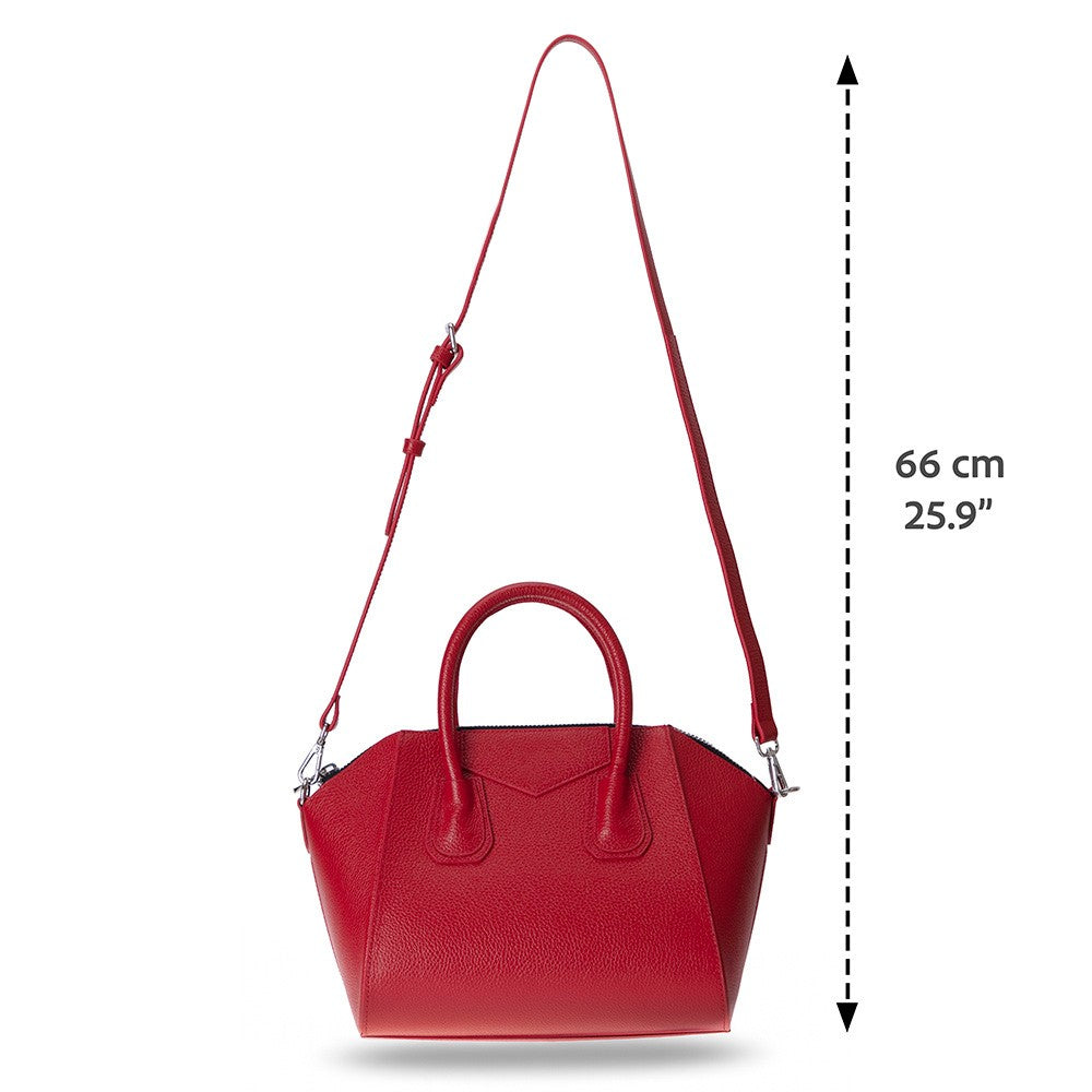 Alessia women's red leather bag with dimensions and strap length