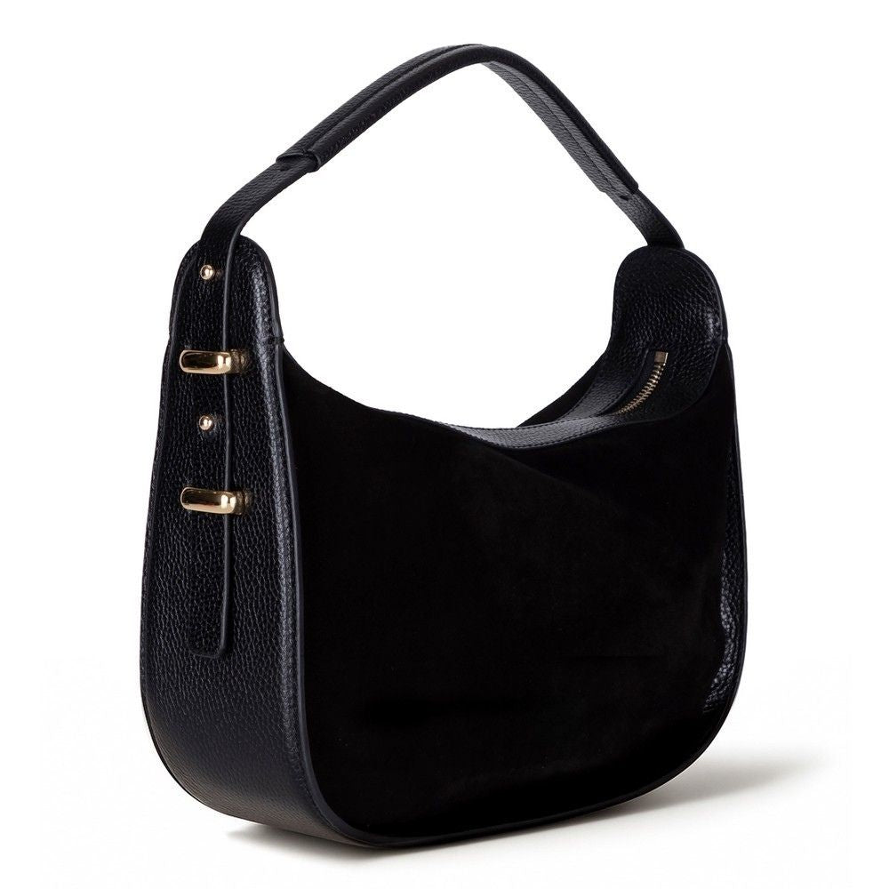 Side profile of Bellara women's black leather bag with zipper detail