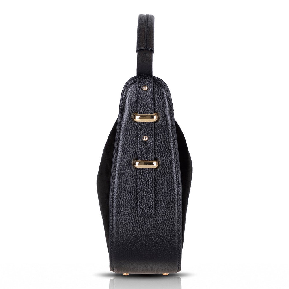 Side view of Bellara women's black leather bag