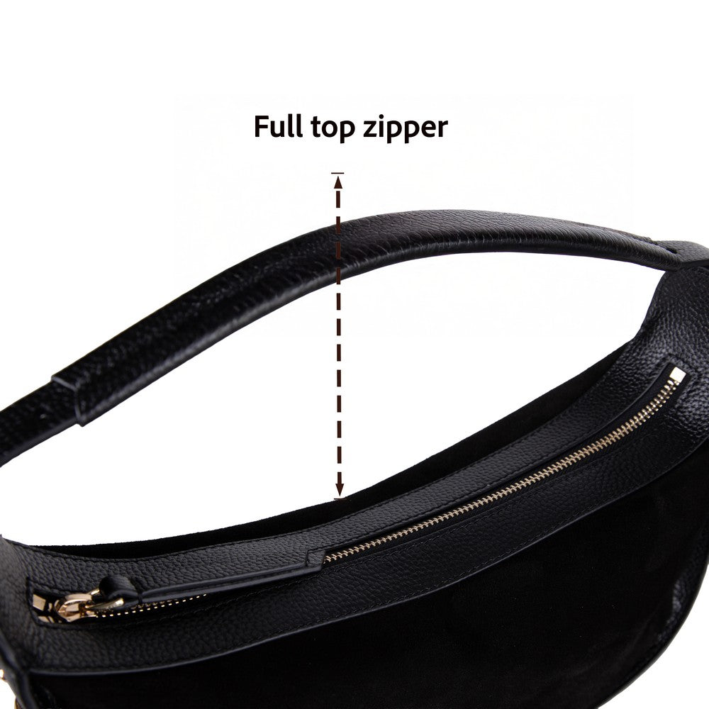 Side profile of Bellara women's black leather bag with zipper detail