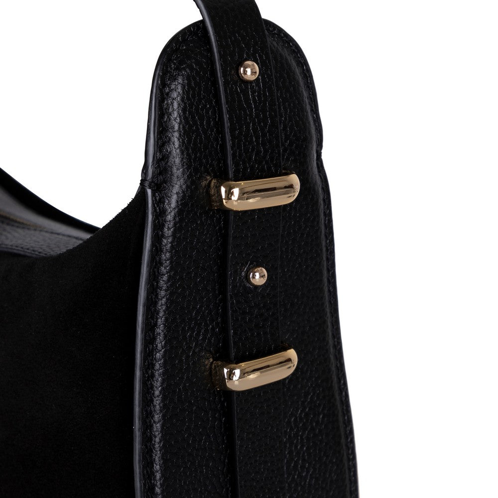 Close-up of Bellara women's black leather bag texture and stitching