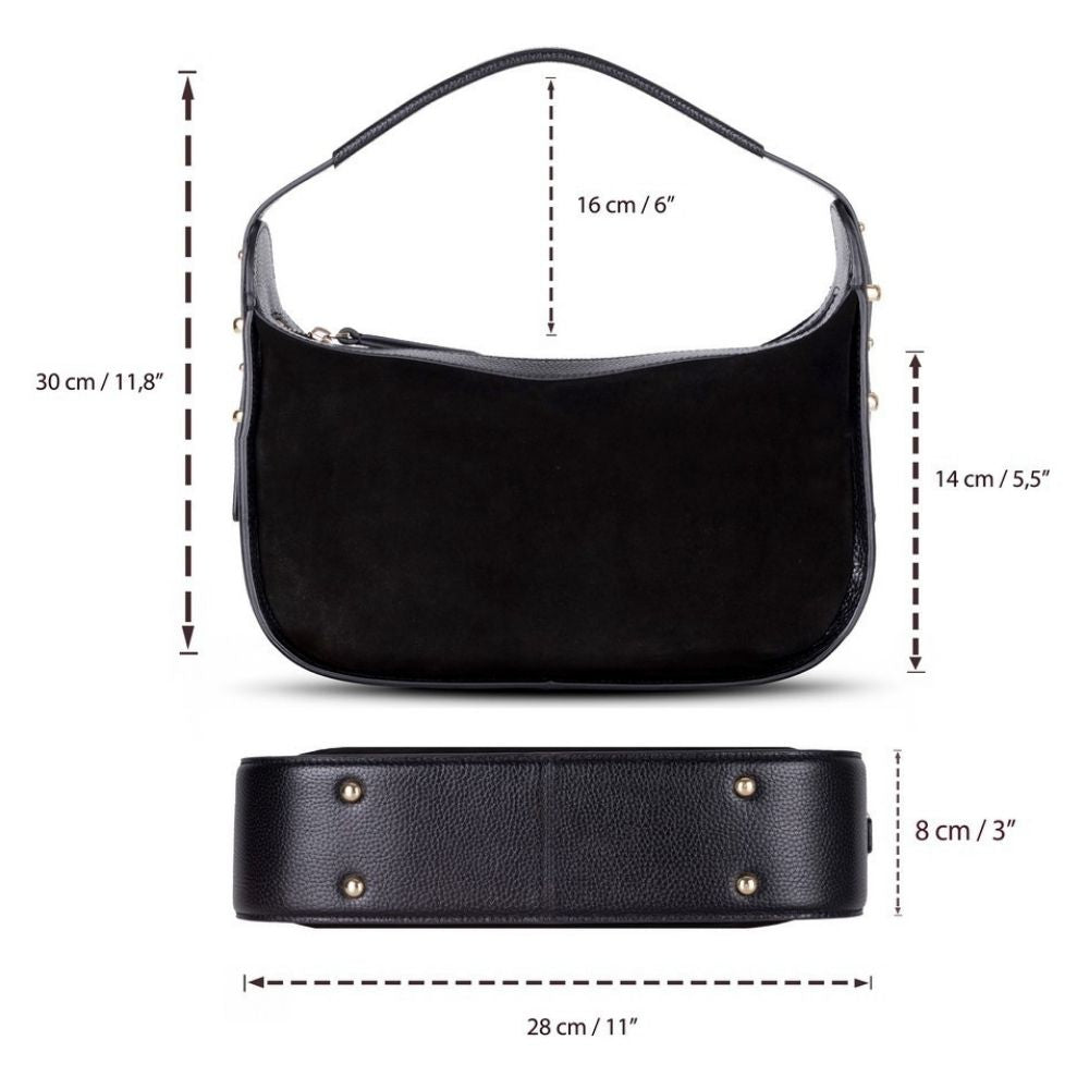 Bellara women's black leather bag with dimensions and strap length