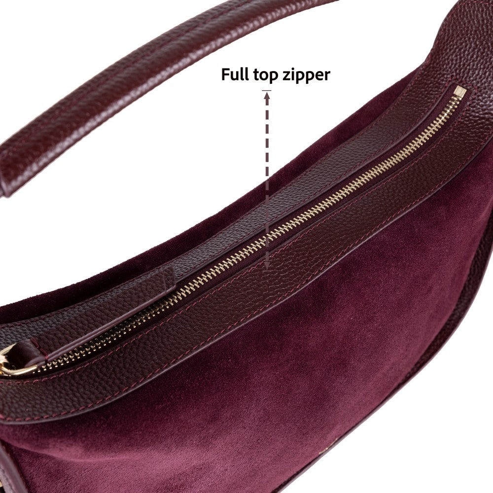 Side profile of Bellara women's Burgundy leather bag with zipper detail