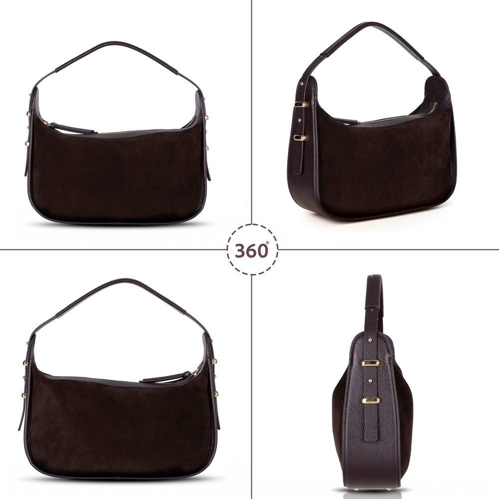 Bellara women's leather bag in dark brown showing multiple angles