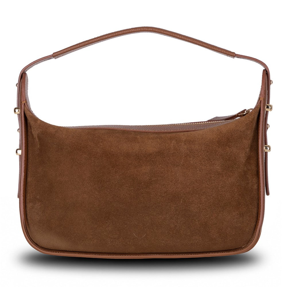 Back angle view of Bellara women's tan leather bag