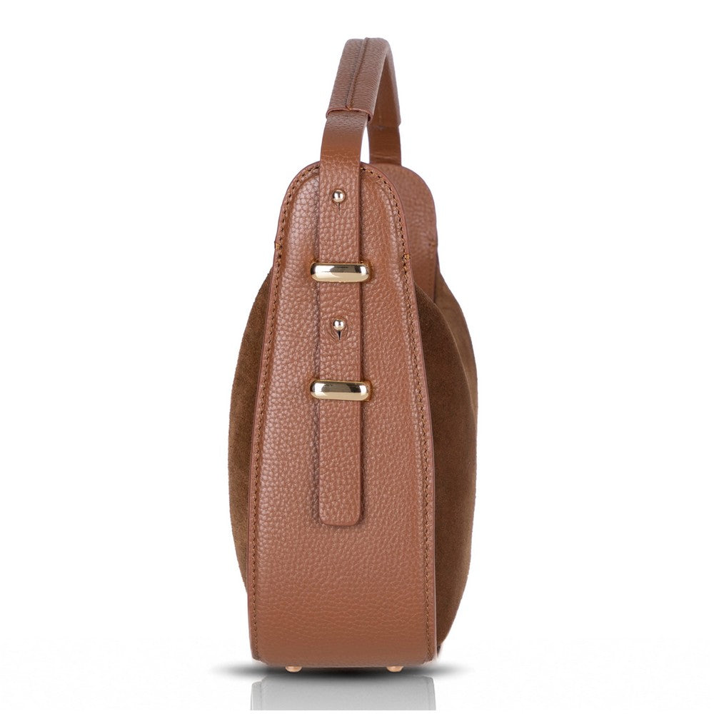 Side view of Bellara women's tan leather bag
