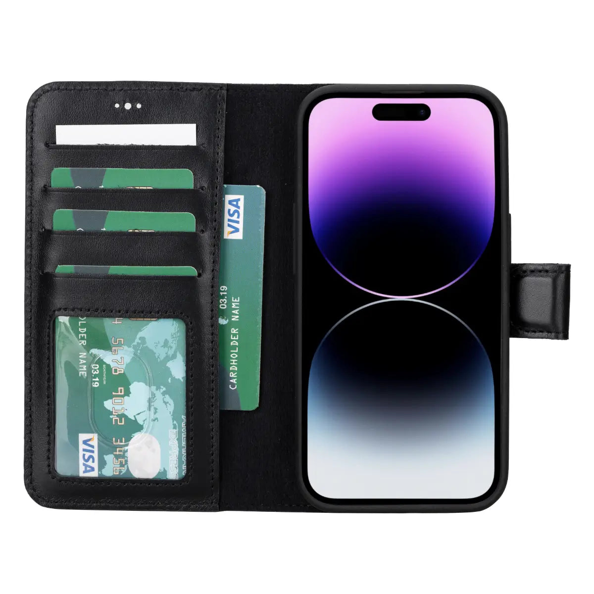 Black Leather Wallet Case for iPhone 15