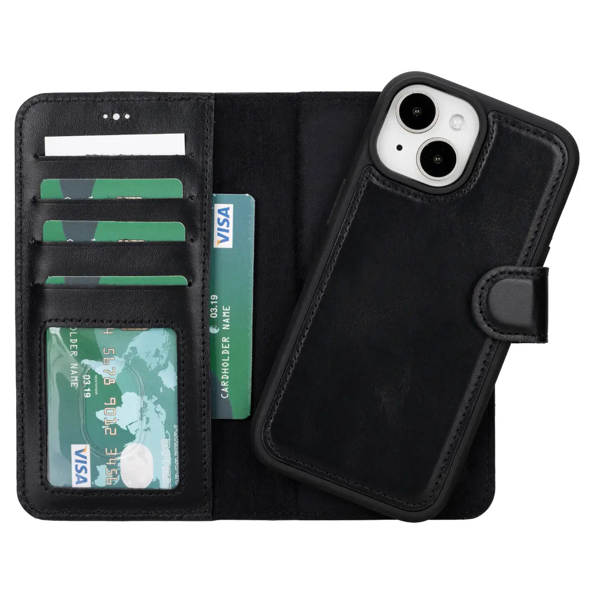 Black Leather Wallet Case for iPhone 15