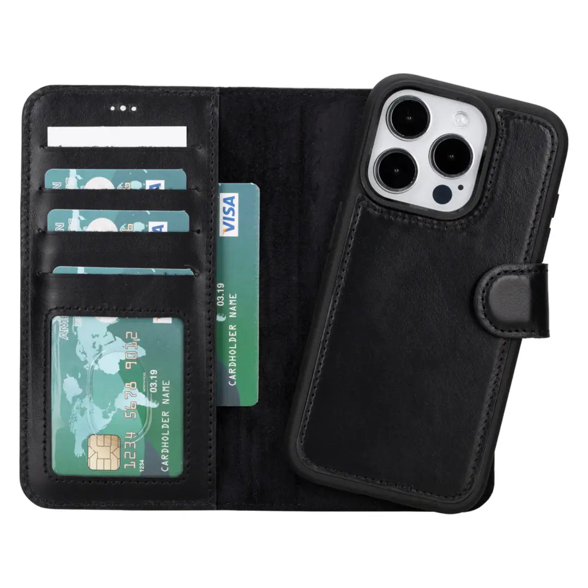Black Leather Wallet Case for iPhone 16 Pro Max