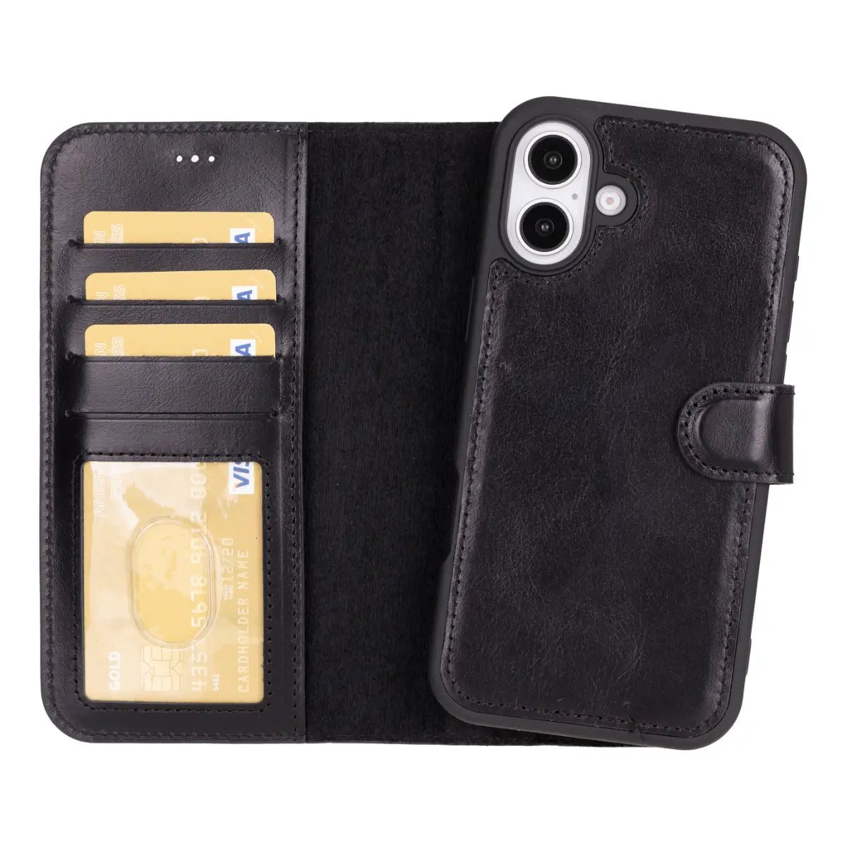 Black Leather Wallet Case for iPhone 16