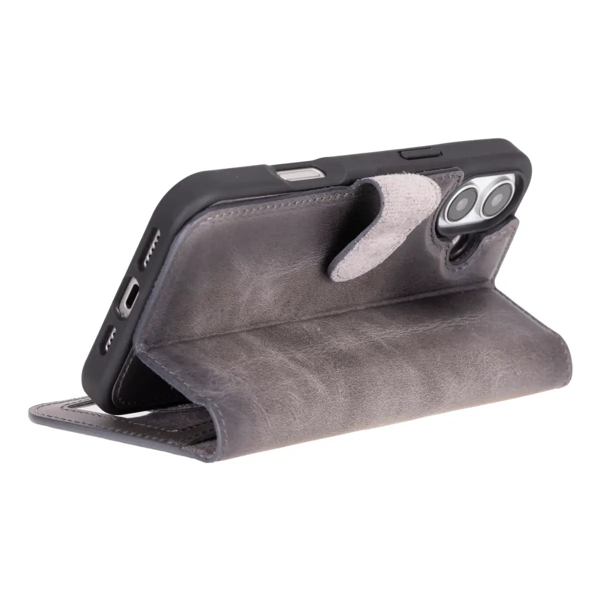 Burnished Gray Leather Wallet Case for iPhone 16 Plus