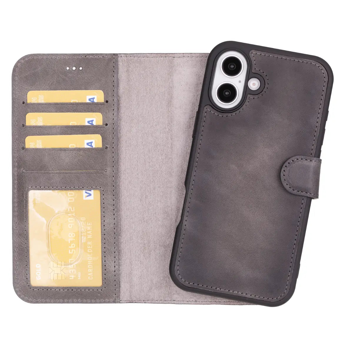 Burnished Gray Leather Wallet Case for iPhone 16 Plus