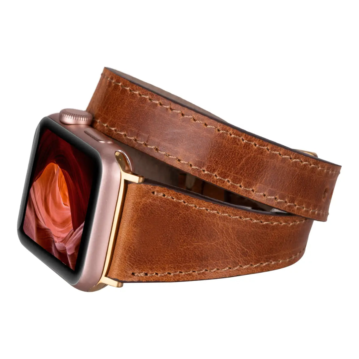 Camel Brown Leather Double Tour Slim Apple Watch Band