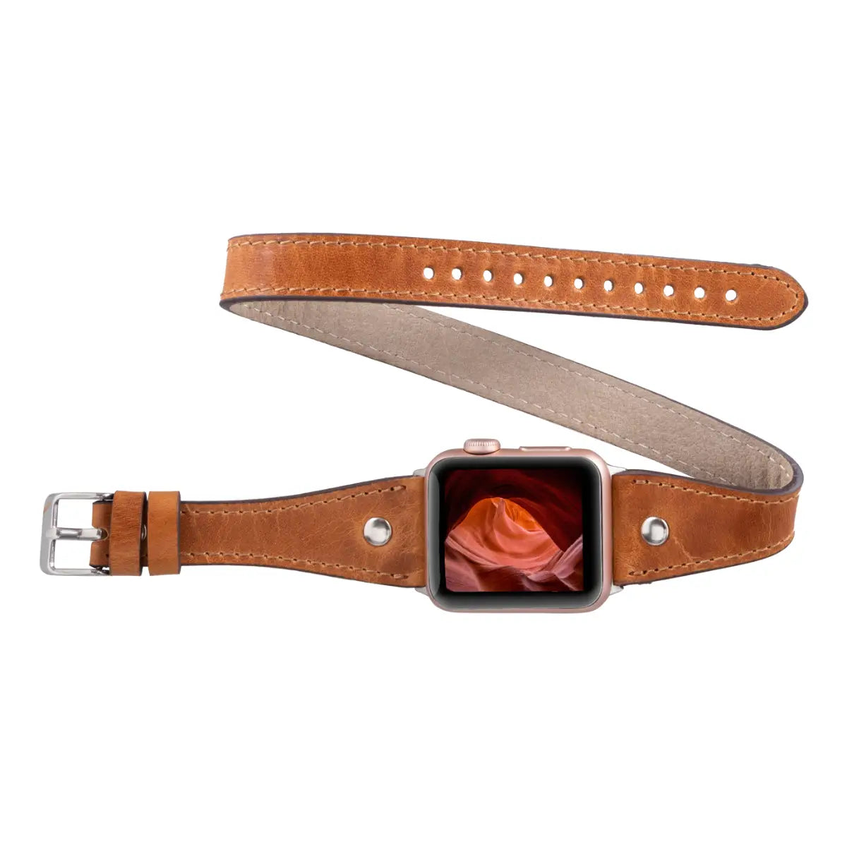 Camel Brown Leather Double Tour Slim Apple Watch Band Silver Rivet