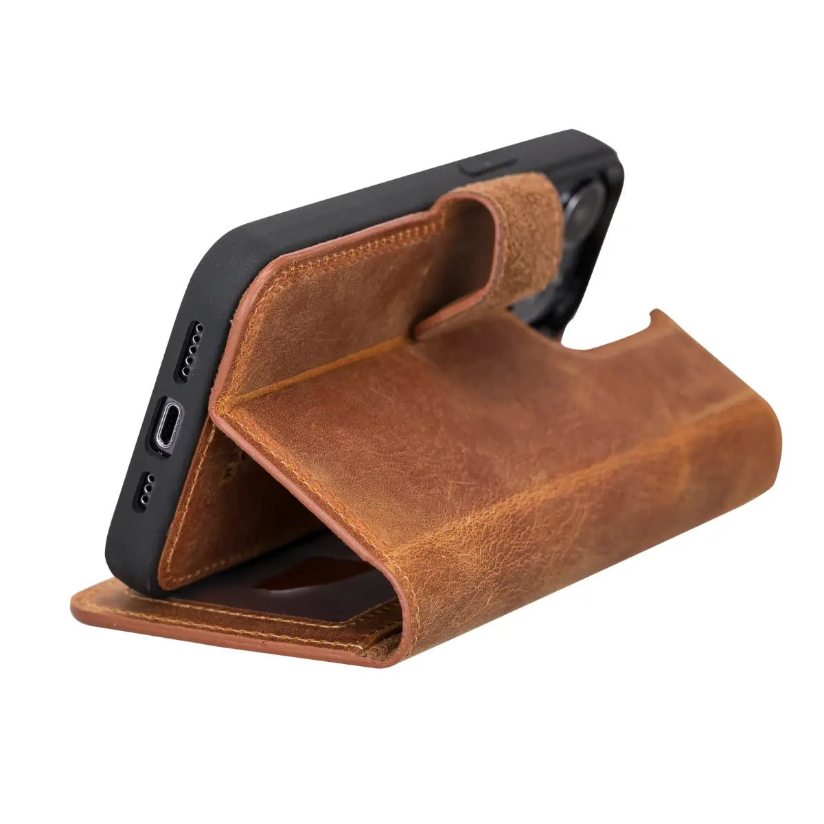 Camel Brown Leather Wallet Case for iPhone 13 Pro