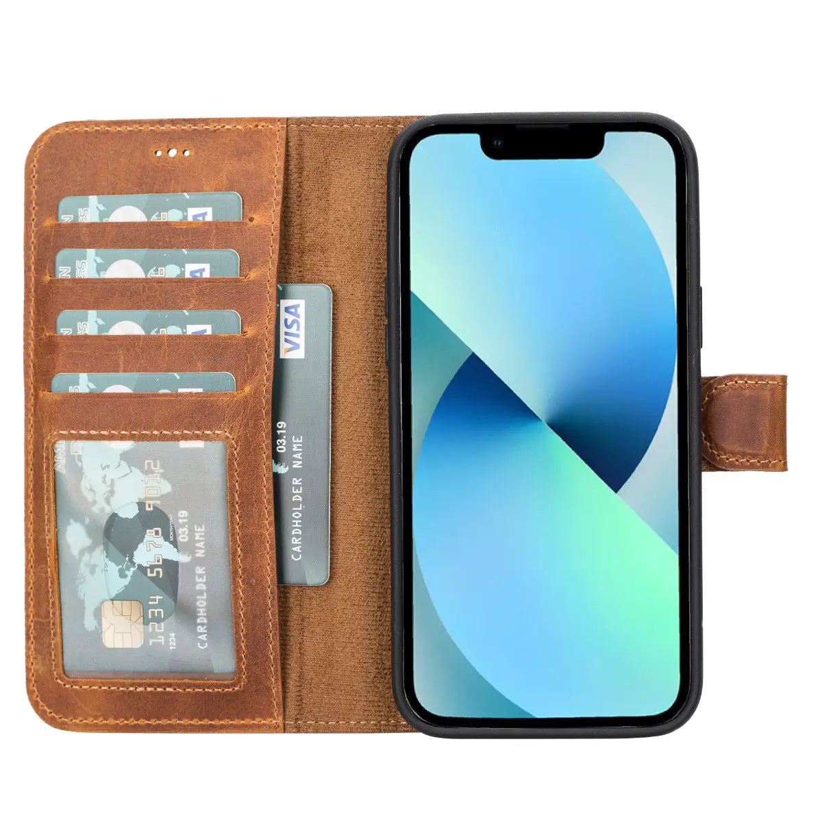 Camel Brown Leather Wallet Case for iPhone 14 Plus