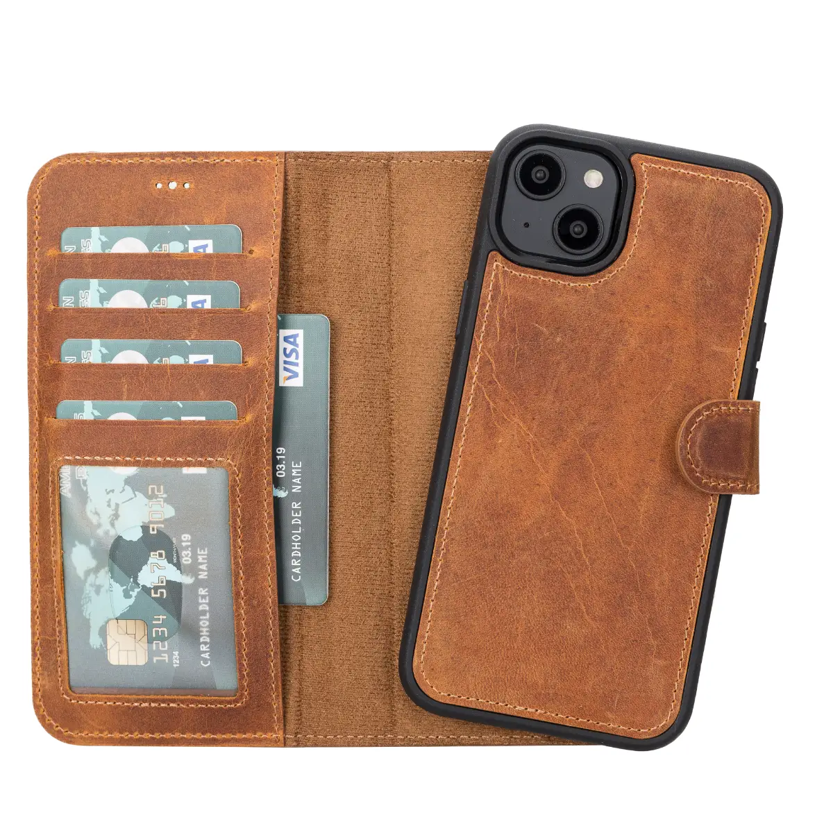 Camel Brown Leather Wallet Case for iPhone 14 Plus