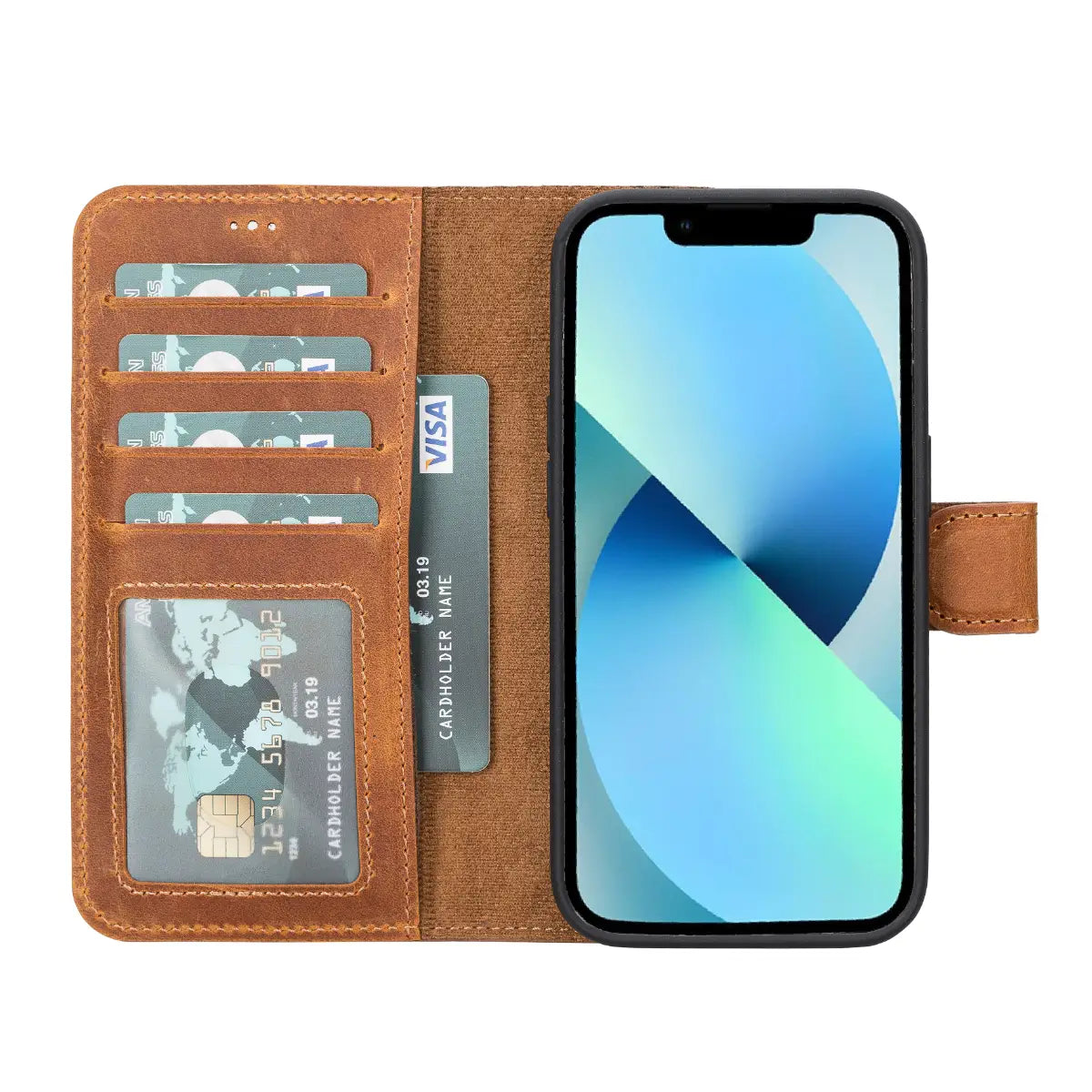 Camel Brown Leather Wallet Case for iPhone 14 Pro