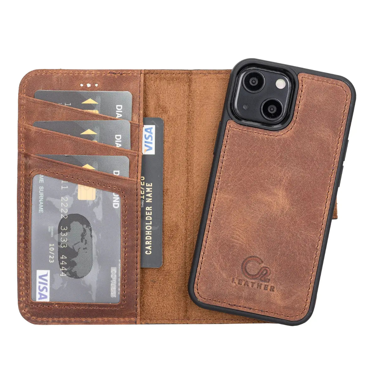 Distressed Brown Leather Wallet Case for iPhone 13 Mini