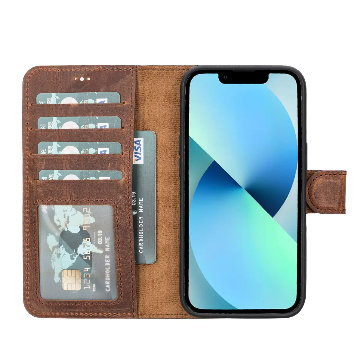 Distressed Brown Leather Wallet Case for iPhone 14
