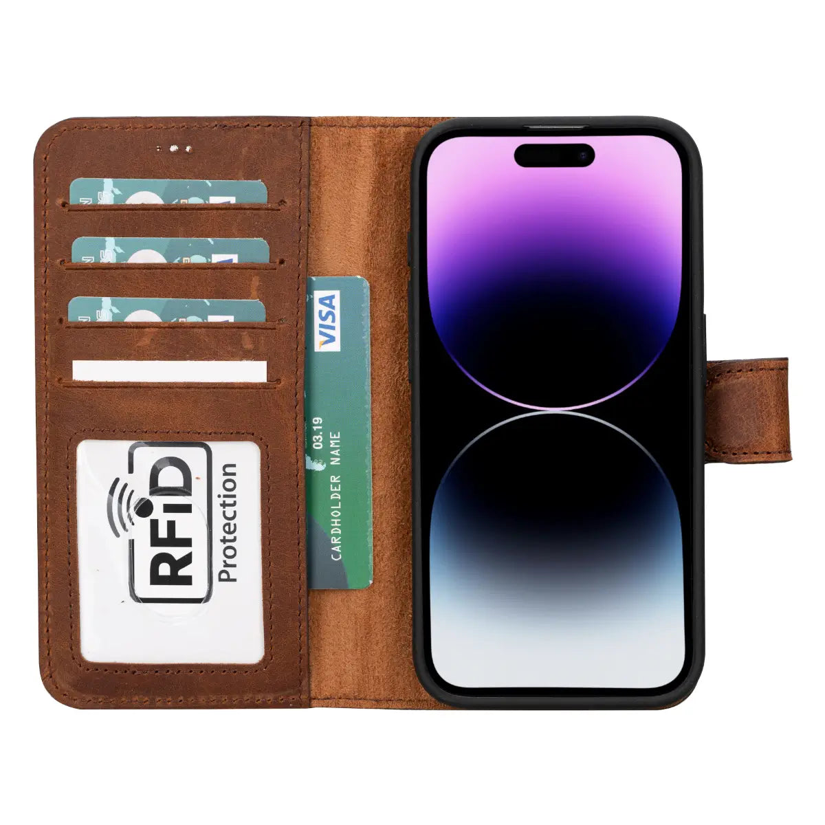 Distressed Brown Leather Wallet Case for iPhone 15 Pro