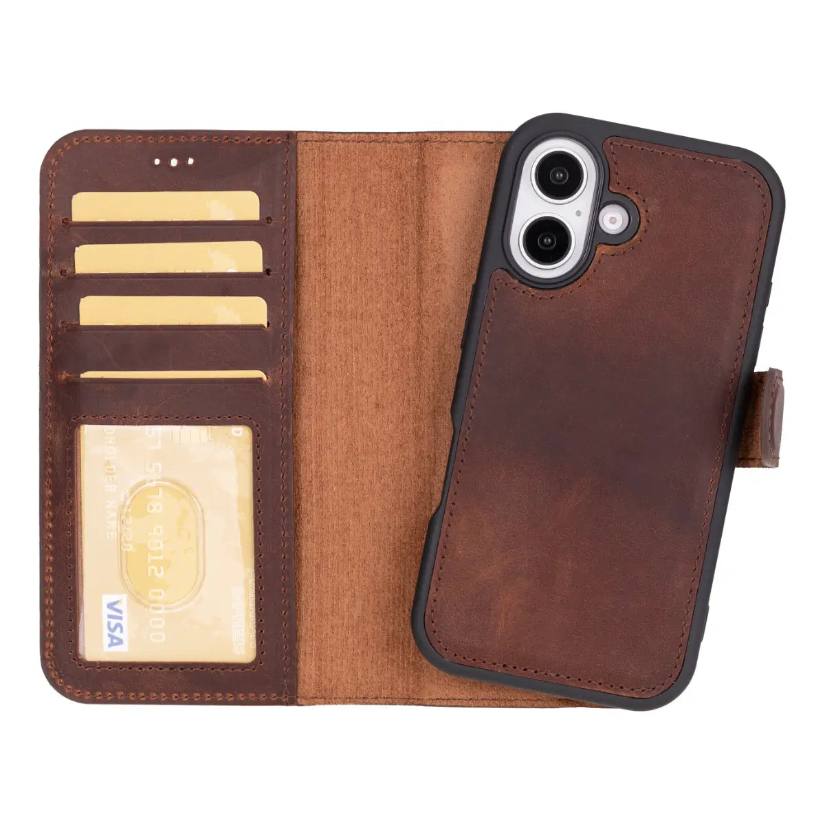 Distressed Brown Leather Wallet Case for iPhone 16