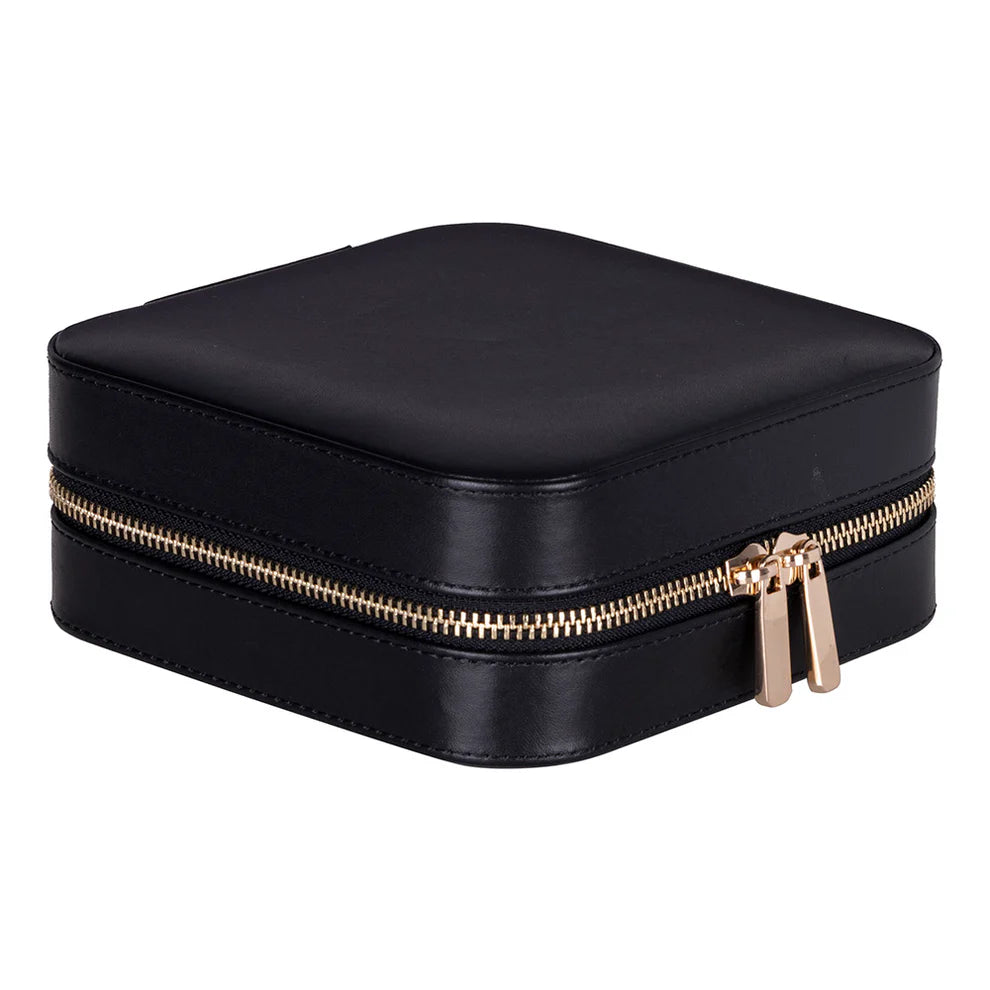 Black leather jewelry box with a gold zipper