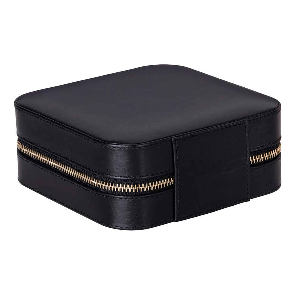 Black leather jewelry box with gold zipper
