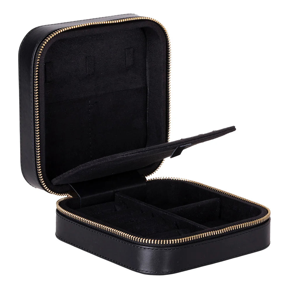 Black leather jewelry box with gold zipper