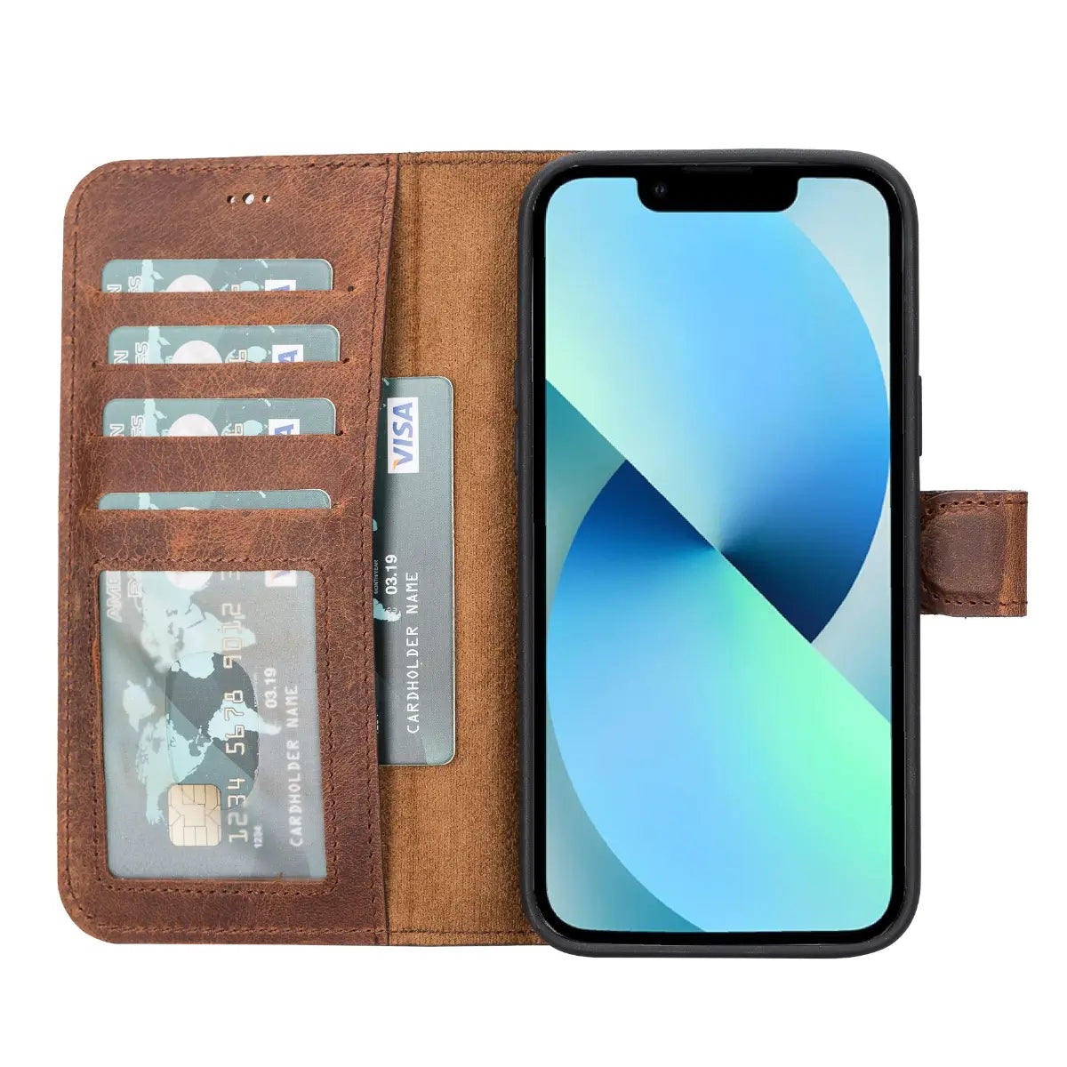 Distressed Brown Leather Wallet Case for iPhone 14 Plus