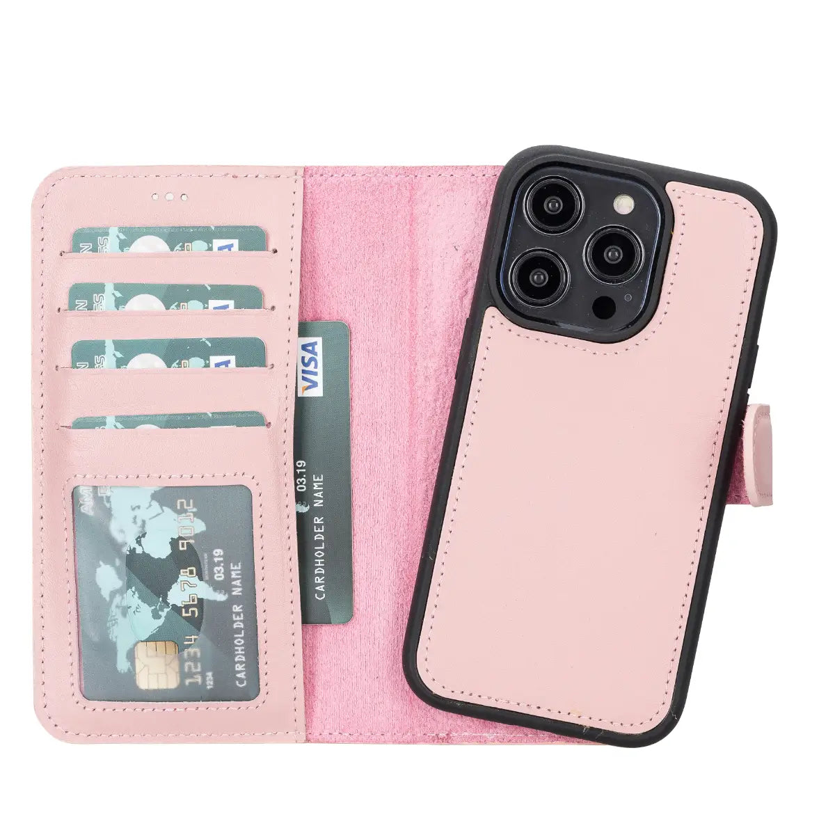 Pink Leather Wallet Case for iPhone 14 Pro