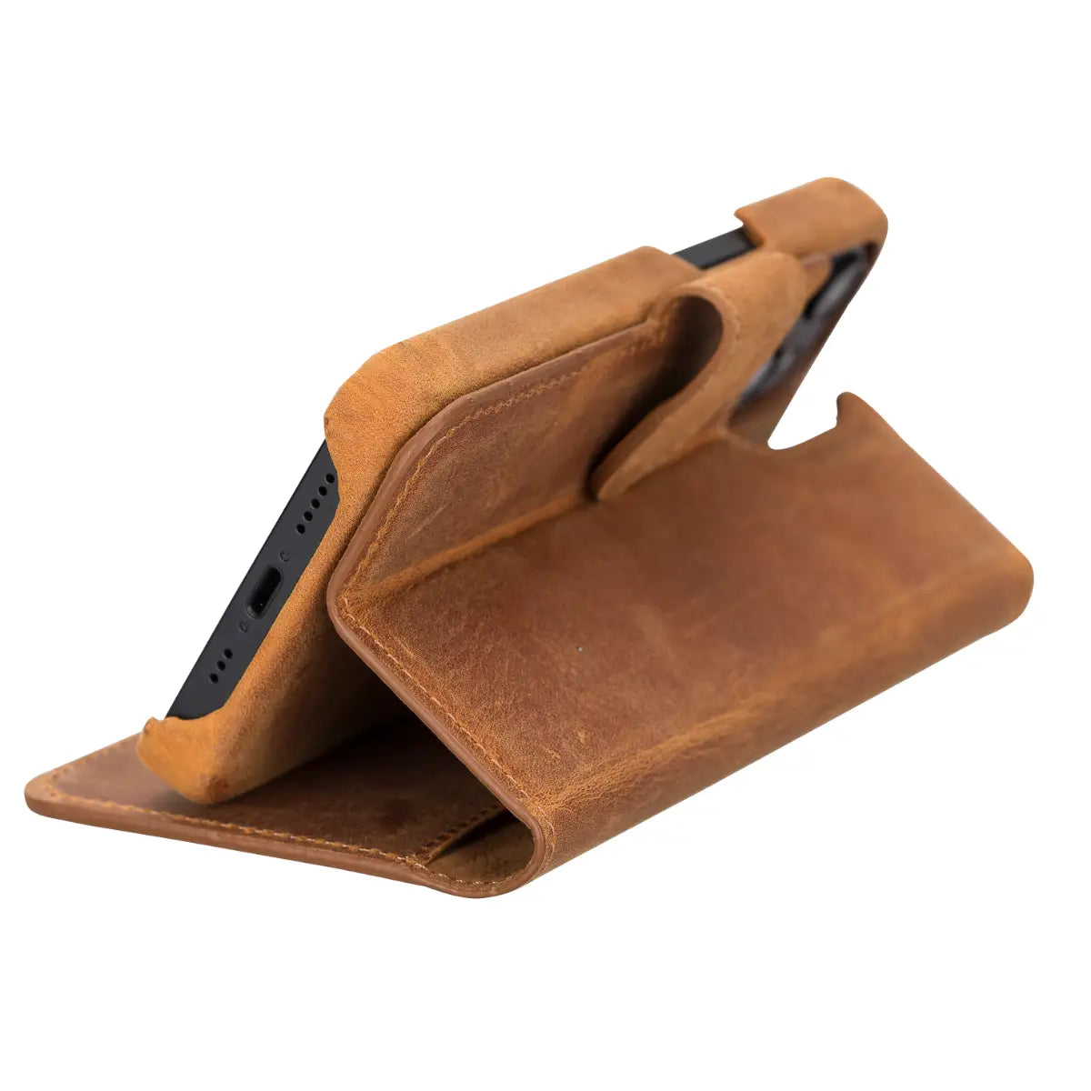 Camel Brown Leather Wallet Case for iPhone 14, Prestige