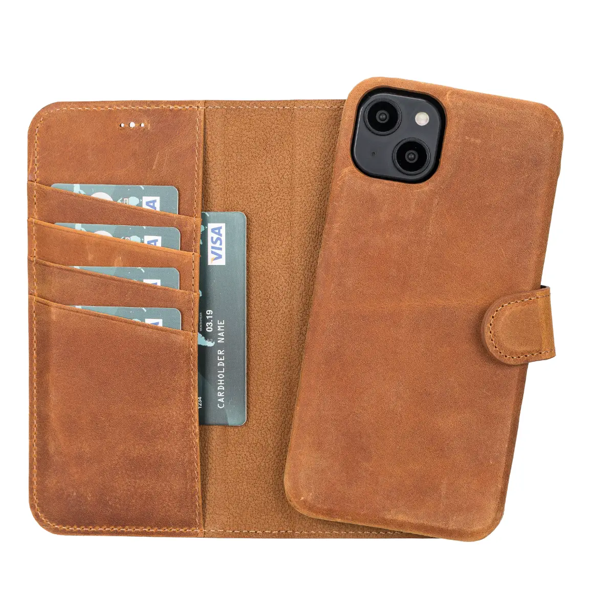 Camel Brown Leather Magnetic Wallet Case for iPhone 14 Plus, Prestige