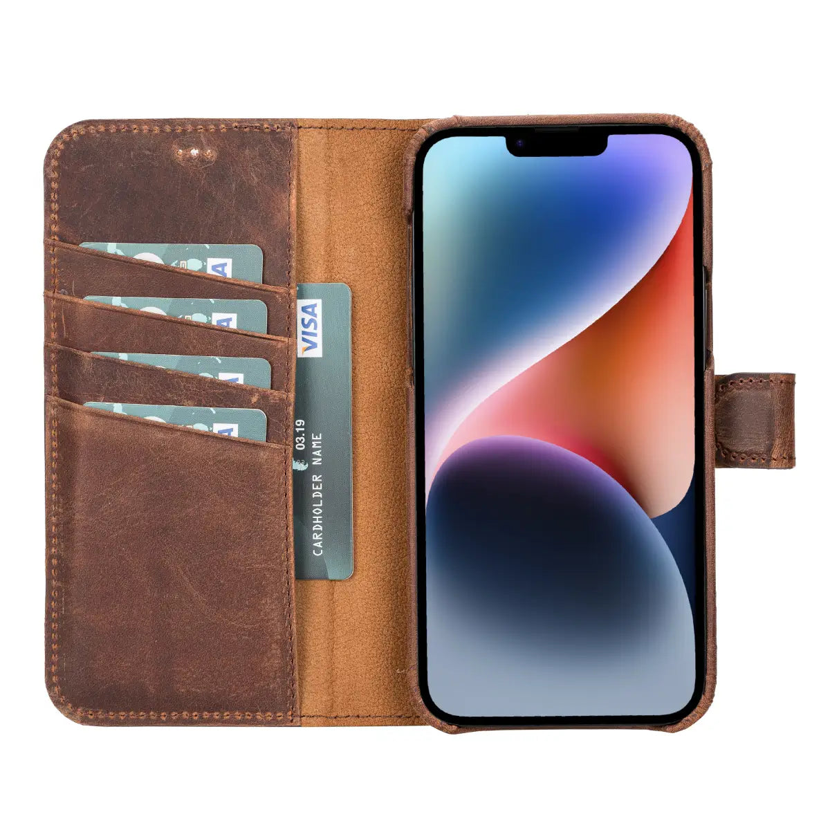 Distressed Brown Leather Magnetic Wallet Case for iPhone 14 Plus, Prestige