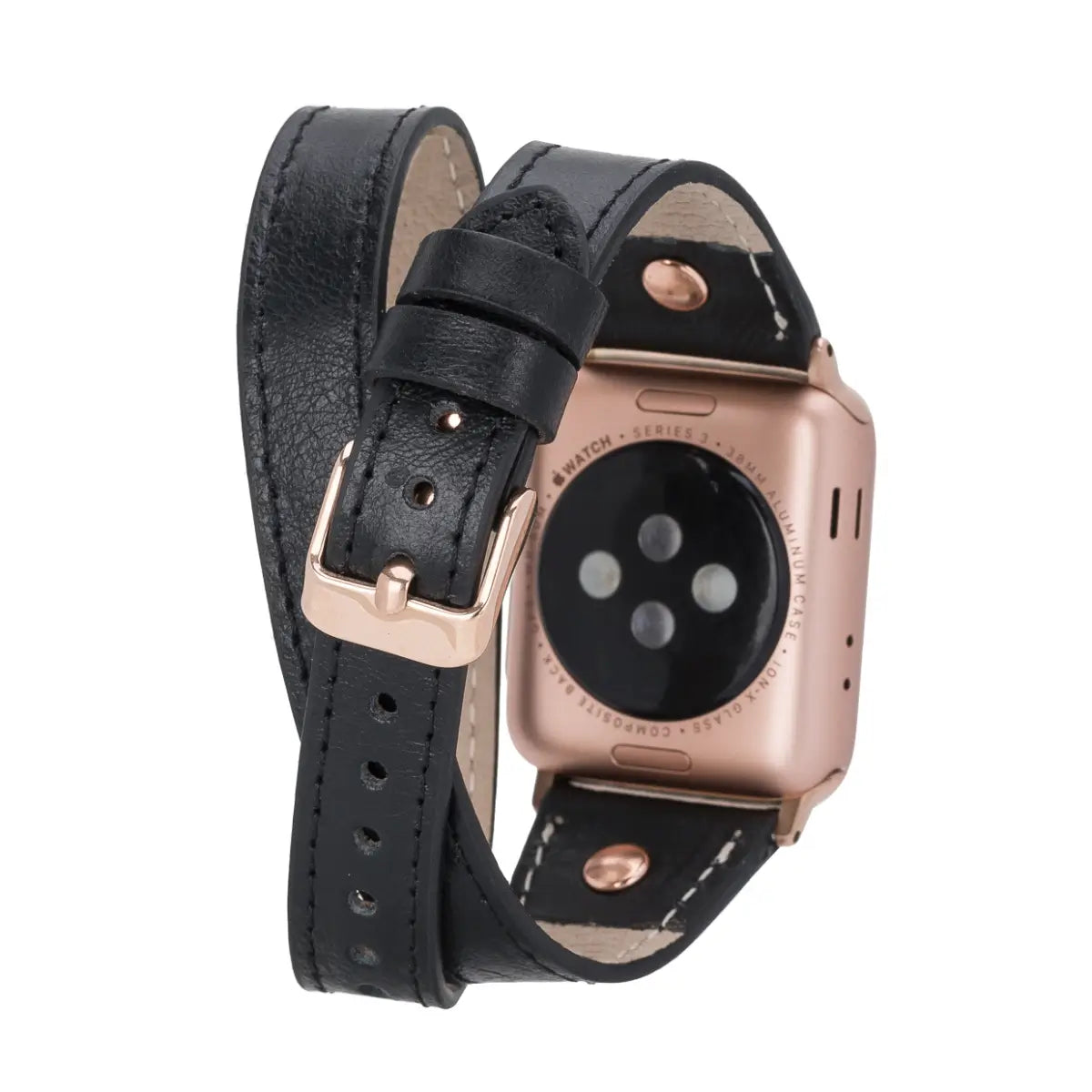 Black Leather Double Tour Slim Apple Watch Band (Gold Rivet)