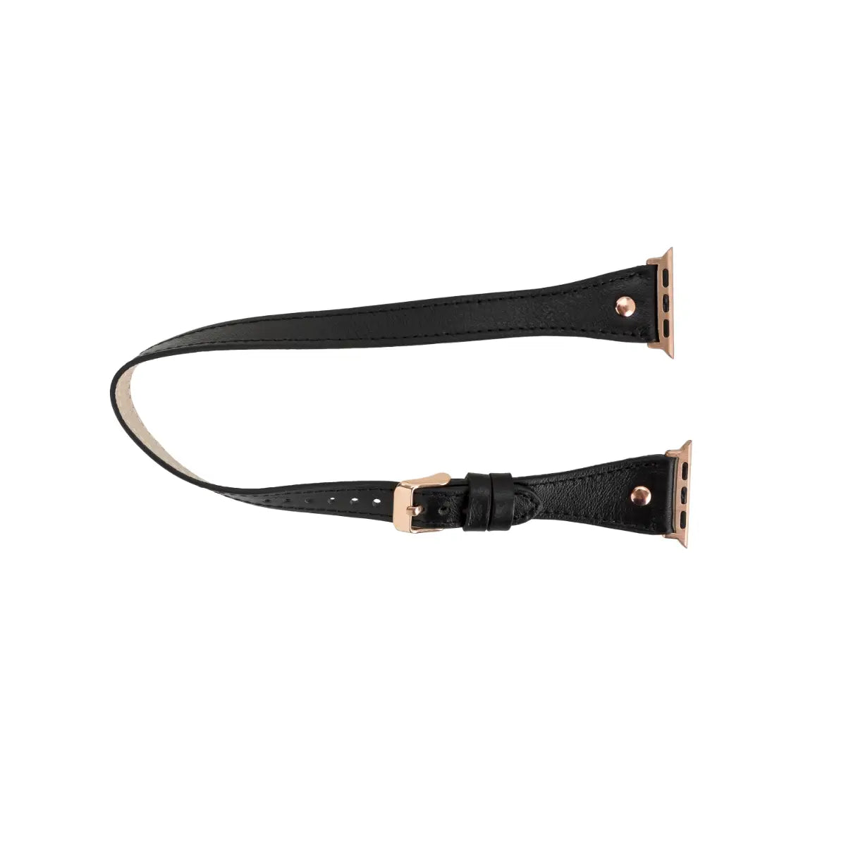 Black Leather Double Tour Slim Apple Watch Band (Gold Rivet)